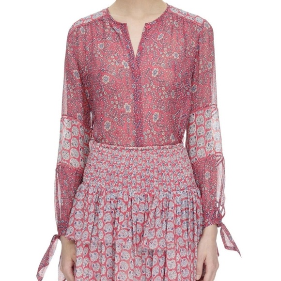 REBECCA TAYLOR Amanda Shirt Print Silk Long Sleeve Blouse Sheer Top Blousr Sz 4 - Picture 1 of 11